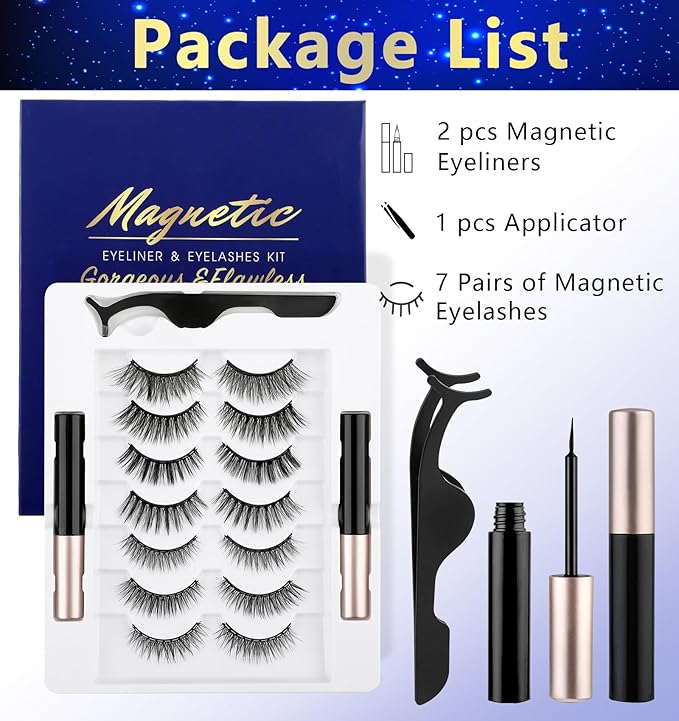 Magnetic Natural Eyelashes, 7 Pairs 10 Magnets Reusable Magnetic Eyelashes with Eyeliner - Different Lengths DIY at Home
