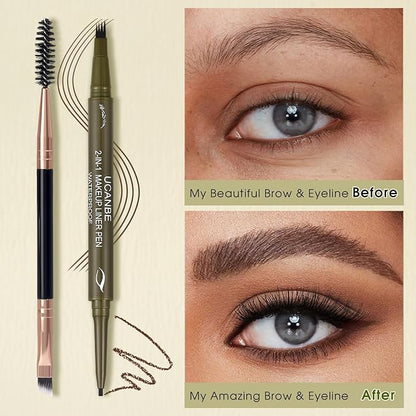 UCANBE Eyebrow Pencils for Women with Spoolie Brush, Dual-Ended Eyebrow Pen with 4-Fork-Tip & Gel Eyeliner, Microblading Brow Pen with Eyeliner Pencil + Brow Brush for Hair Like Brows, Light Brown