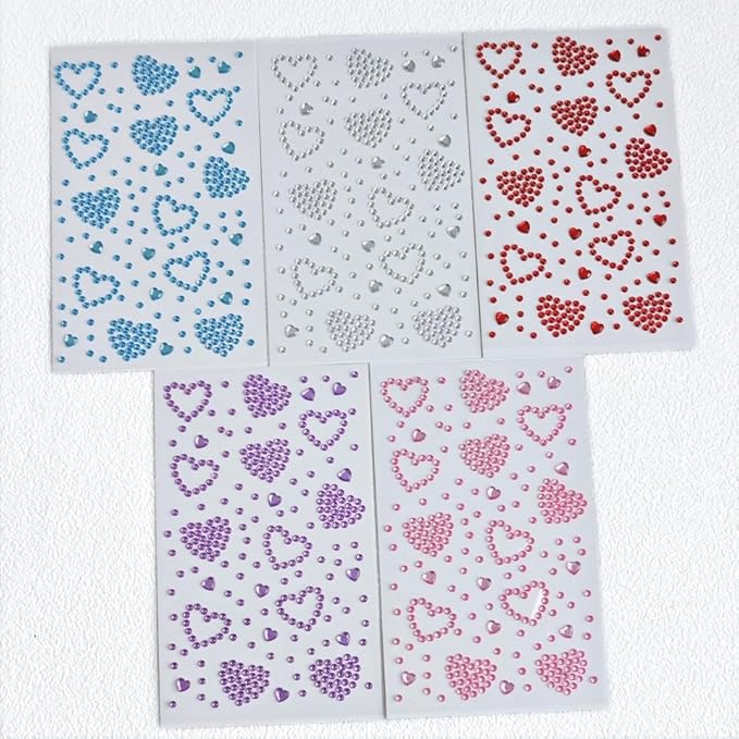 5 Sheets Heart Rhinestone Stickers Self Adhesive Face Gems 3D Face Body Crystal Diamond Pearl Bling Stickers for Women Valentine's Day Parties Makeup