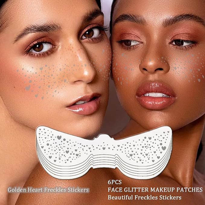 Face Makeup Patche, Freckle Face Stickers, Glitter Freckles Face Tattoo, Easy to Stick, Waterproof Long Lasting Party Makeup Stickers for Women - 6 Stickers Set (QBT-007 Silver)