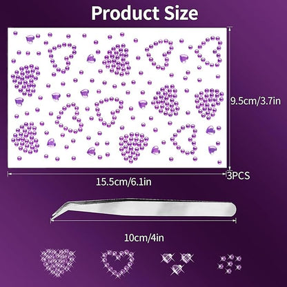 3 Sheets Rhinestone Stickers Self Adhesive Heart Rhinestones Gems for Face Eyes Makeup Hair Body for Valentine Festival Decal Decor(Purple)