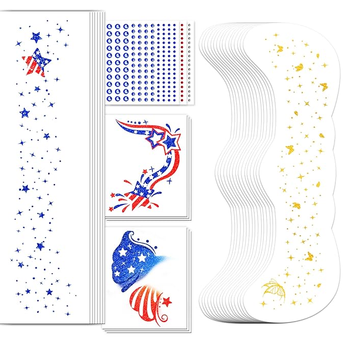 EMOME 16 PCS Gold Glitter Faux Freckles & 6 PCS 4th of July Faux Freckles & 14 PCS Independece Day Face Tattoos with 3 Sheets Face Gems