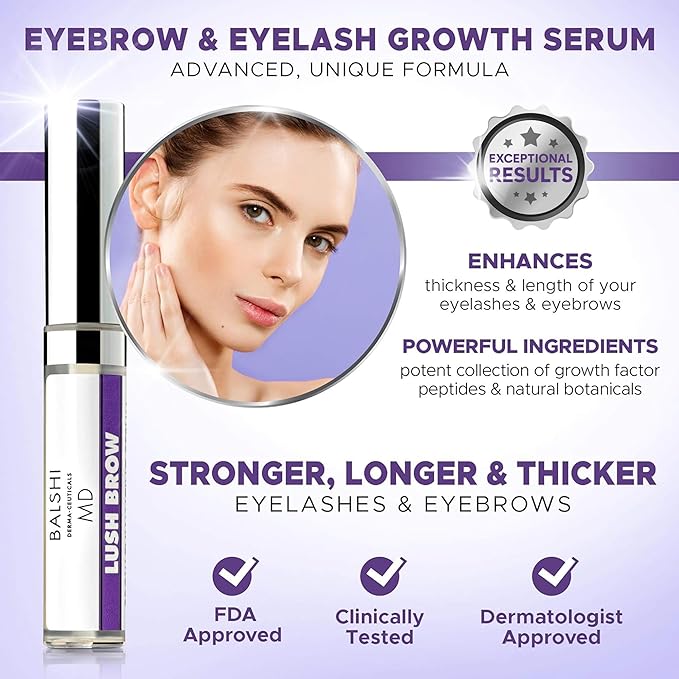 Lush Brow Eyebrow & Eyelash Rapid Growth Serum with Growth Peptides, Dermatologist Developed Eyelash Serum to Grow Lashes, Brow & Lash Enhancing Serum to Grow Fuller Eyelashes & Eyebrows, .16 oz/5ml
