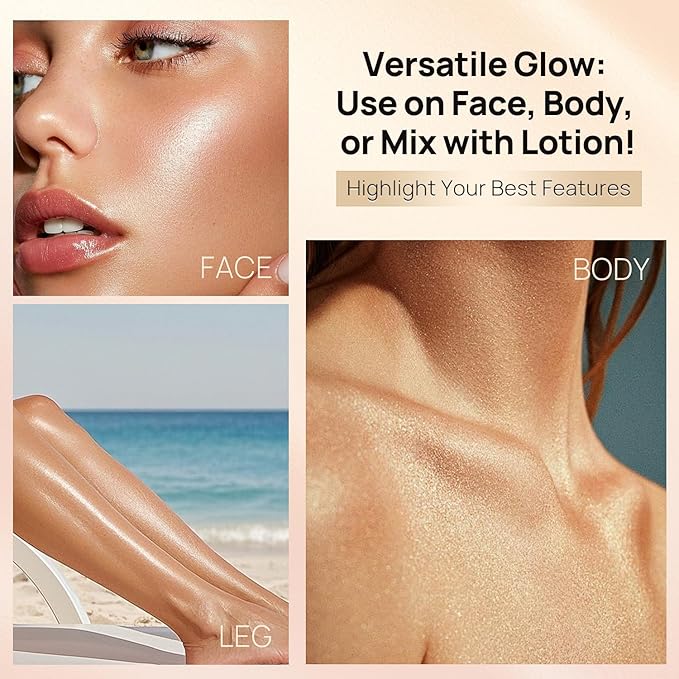 Body Shimmer Oil, Liquid Highlighter Bronzer Body Glitter Oil Long Lasting Moisturizing for Face Makeup Lotion Illuminate Serum Glow Shimmer Skin 50ml/1.7 Fl Oz（Shining White #03）