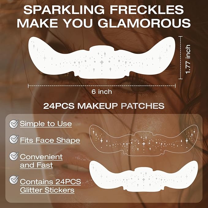 24 Pcs Glitter Freckles Face Tattoo,Silver Face Glitter Makeup Patches Cute Sparkle Freckles Patches Waterproof Makeup Speckles for Face Accessories for Women Girls