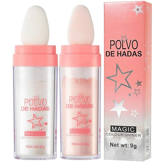 2PCS Polvo De Hadas Fairy Dust Highlight Patting Powder - Full Body Contouring and Clavicle Pearlescent Patting Powder for Face and Eye, Christmas Sparkling Body Glitter (#01 White & #02 Pink)