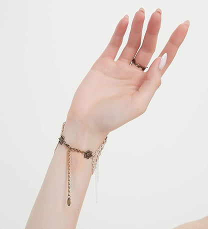 Gothic Pearl Lace Steampunk Wristband Vintage Pearl Pendant Tassel Lace Hand Chain with Finger Ring Lolita Lace Hand Accessories for Women and Girls (Style 1)