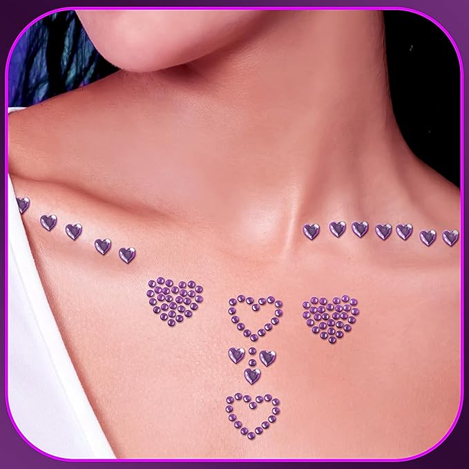 3 Sheets Rhinestone Stickers Self Adhesive Heart Rhinestones Gems for Face Eyes Makeup Hair Body for Valentine Festival Decal Decor(Purple)