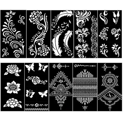 10 Sheets Henna Tattoo Stencil Kit Temporary Tattoo Stencils Arabian Tattoo Stickers for Face Paint Body Art, Reusable Templates 3 Layer Membrane