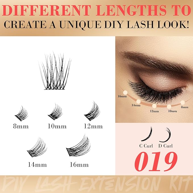 Lash Extensions Kit with 180 PCS Individual Lash Clusters, Eyelash Tweezers for Lash Extensions, Lash Bond and Seal Waterproof, Clusters Lash Glue Remover Easy to Apply at Home