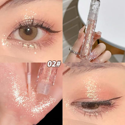 6pcs Liquid Glitter Eyeshadow Set, Shimmer Eye Make Up for Korean Crystals Makeup, Quick Drying, Pigmented and Long Lasting Eyeshadow Eye Liner, Silver Pink Gold Crystals Eye Glitter Makeup
