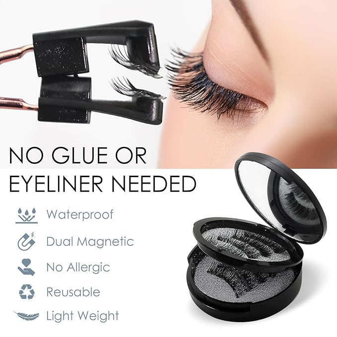 Magnetic Eyelashes, 3D Natural Look Dual Magnetic Lashes Kit with Applicator & Eyelash Comb, without Eyeliner, Reusable & Waterproof False Eyelashes, 8 Count