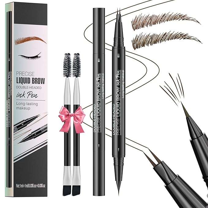 Eyebrow Pencil Brow Pen - 2-Pack 2-IN-1 Dual-Ended Eye Brow Pencils 2-Fork-Tip Microblading Eyebrow Pen for Women Waterproof Eyebrow Pen with Brow Brushes Dark Brown ＆ Black Brown