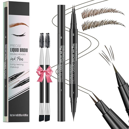 Eyebrow Pencil Brow Pen - 2-Pack 2-IN-1 Dual-Ended Eye Brow Pencils 2-Fork-Tip Microblading Eyebrow Pen for Women Waterproof Eyebrow Pen with Brow Brushes Dark Brown ＆ Black Brown