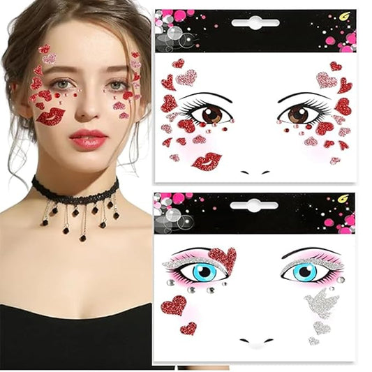 Valentine's Day Love Heart Face Stickers Glitter Rhinestone Heart Face Stickers Self-adhesive StickFake Tattoo Sticker for alentine's Day Party Decorations Face Supplies