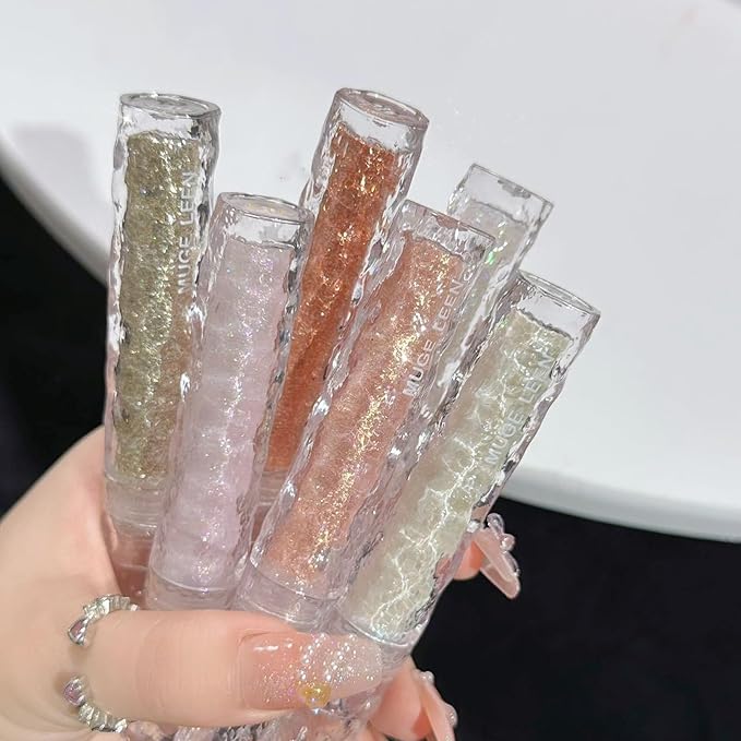 6pcs Liquid Glitter Eyeshadow Set, Shimmer Eye Make Up for Korean Crystals Makeup, Quick Drying, Pigmented and Long Lasting Eyeshadow Eye Liner, Silver Pink Gold Crystals Eye Glitter Makeup