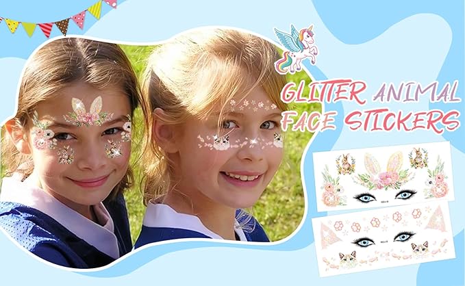 Glitter Face Tattoos For Kids Cat Deer Face Makeup Paint for Kids Boys Girls Party Bag Filler Birthday Party Supplies Favors Unicorn Mermaid Toddler Temporary Tattoo Stickers