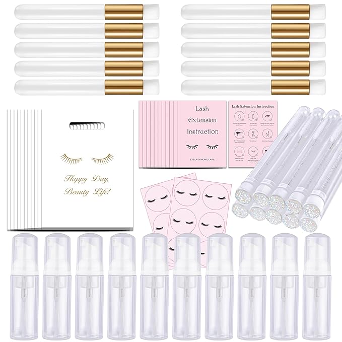 52PCS Lash Shampoo Bottles Brushes Set, 10pcs Foam Pump Dispenser, Lash Cleaning Brush, Eyelash Extension Tube Brush, Instructions Cards, Lash bags, 2pcs Eyelash Stickers for Business Clients (white)