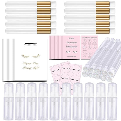 52PCS Lash Shampoo Bottles Brushes Set, 10pcs Foam Pump Dispenser, Lash Cleaning Brush, Eyelash Extension Tube Brush, Instructions Cards, Lash bags, 2pcs Eyelash Stickers for Business Clients (white)