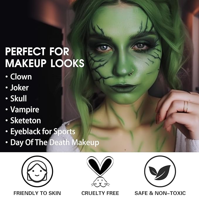 BOBISUKA Green Face Paint, Blendable Cream Body paint, Eye Black for Sports Baseball Softball Football, Face Painting Kit for Zombie, Monster, Camo, Witch Halloween Cosplay, Costume, Parties