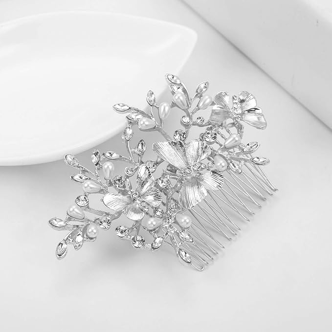 Kercisbeauty Wedding Bridal Butterfly Champagne Hair Comb Crystal Headband for Brides Evening Party Women Headpiece (Silver)