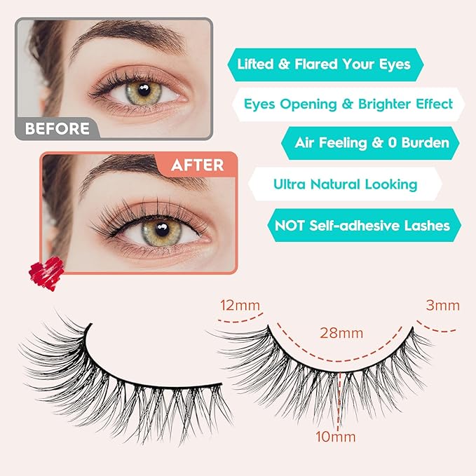 False Eyelashes Wispy Lashes Natural Look 12mm Cat Eye Eyelashes 3D Volume Natural Lashes 0.1MM Thin Band Strip Lashes Siligli Eye Lashes C Curl 7 Pair