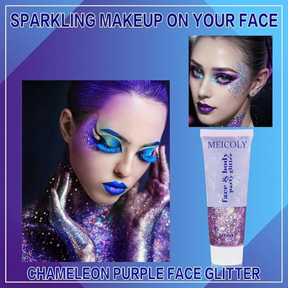 MEICOLY Chameleon Purple Face Body Glitter,Mardi Gras Outfit for Women,Mardi Gras Accessories,Chunky Glitter Face Paint,Color Changing Mermaid Face Glitter,Festival Glitter Makeup for Face Body Hair