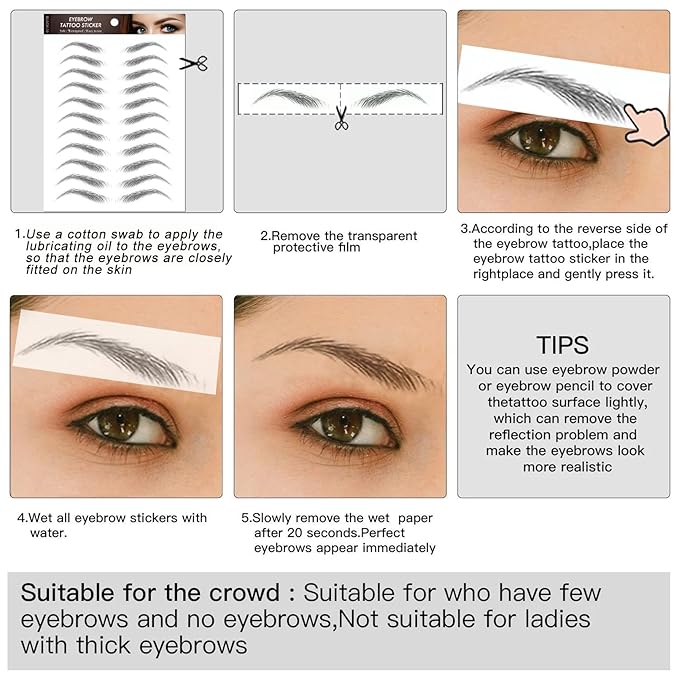 Black Eyebrow Tattoo 66 Pairs (High Arched Eyebrows), Hair-Like Popular Fake Eyebrows Waterproof Lasting 4D Realistic Makeup Tattoo Arch Style, Eyebrow Transfer Stickers for Women Girls