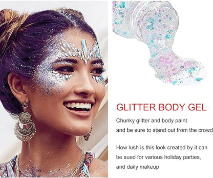 AWCCXMYM Body Glitter Gel Face Glitter for Body,Face,Eye,Hair Glitter Makeup Liquid Long Lasting Sparkling Mermaid Scales for Festival Art Party Halloween for Woman Kids(Silver)