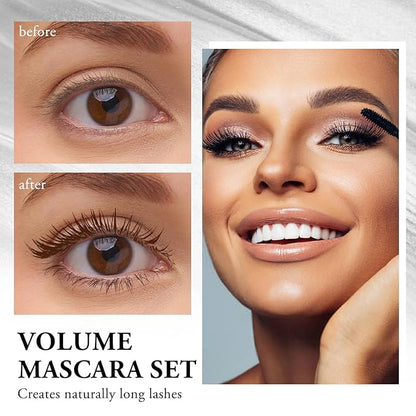Waterproof Mascara, Black Volume and Length Lashes, Long Lasting No-Smudging Curl Mascara, Thick Mascara with Eye Makeup Aid Tool, False Lash Effect