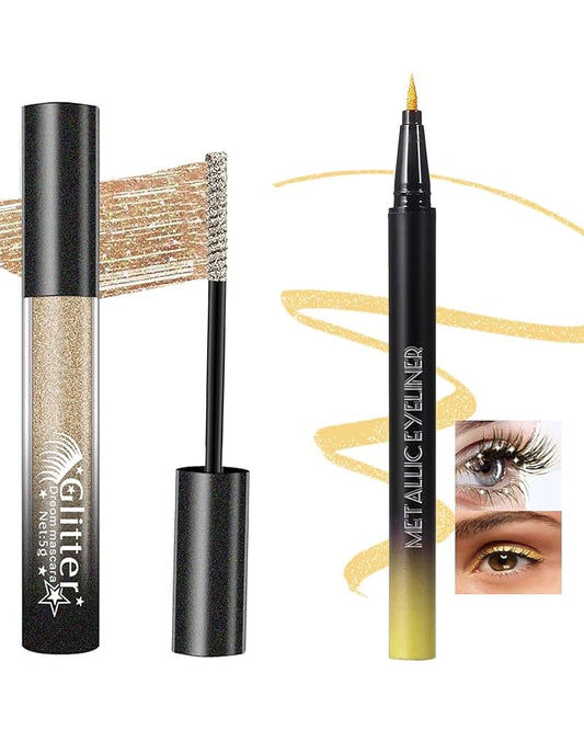Metallic Gold Glitter Mascara and Liquid Eyeliner Pen Waterproof, Colored Shimmer Mascara Volume and Length Lash and Eye Liner for Women Volumizing Long Lasting for Eyelashes Makeup-Set B
