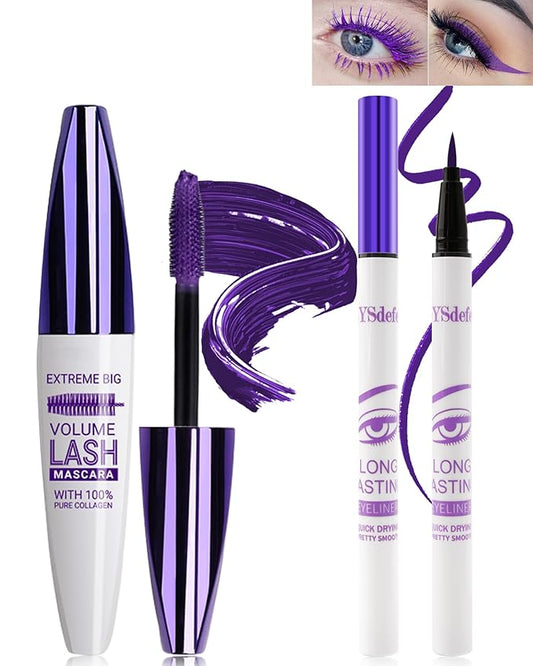Purple Mascara & Liquid Eyeliner Set,5D Waterproof Silk Fiber Colored Mascara Volume and Length,Longlasting Smudgeproof Color Eye Liner Pen,Mother's Day Colorful Eye Makeup Gift Kit for Women Girl-05