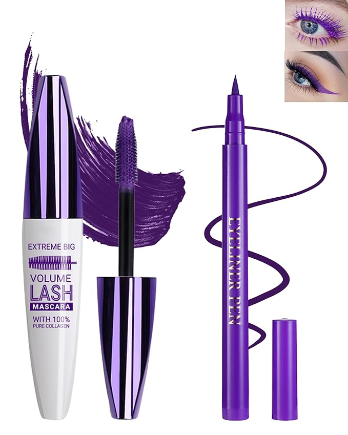 Purple Waterproof Mascara & Eyeliner, 5D Silk Fiber Lash Extension Colored Tube Mascara Volume and Length,Long-Lasting Smudge-Proof Volumizing Colorful Máscara & Liquid Eyeliner Pen Set for Women