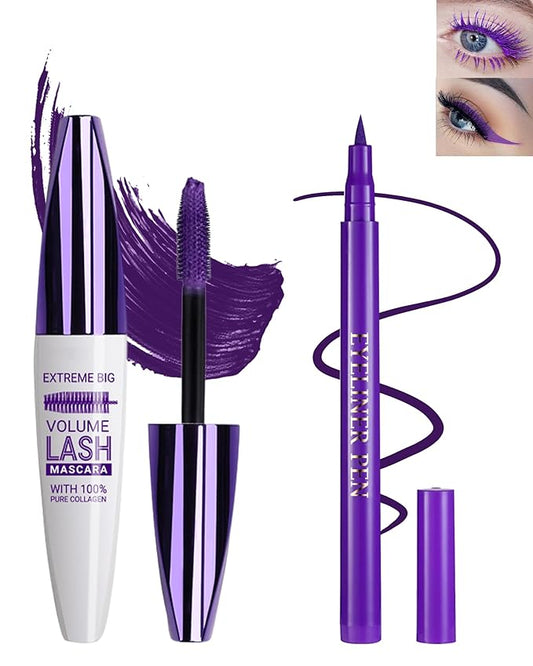 Purple Waterproof Mascara & Eyeliner, 5D Silk Fiber Lash Extension Colored Tube Mascara Volume and Length,Long-Lasting Smudge-Proof Volumizing Colorful Máscara & Liquid Eyeliner Pen Set for Women