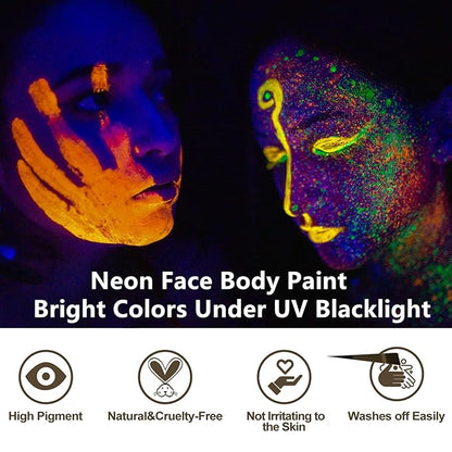 Go Ho UV Blacklight Neon Hot Pink Face Body Paint,Water Based Bright Color Neon Fluorescent Body Paint with Cushion Applicator,Glow In The Dark Under UV Lighting Party Halloween Makeup Washable