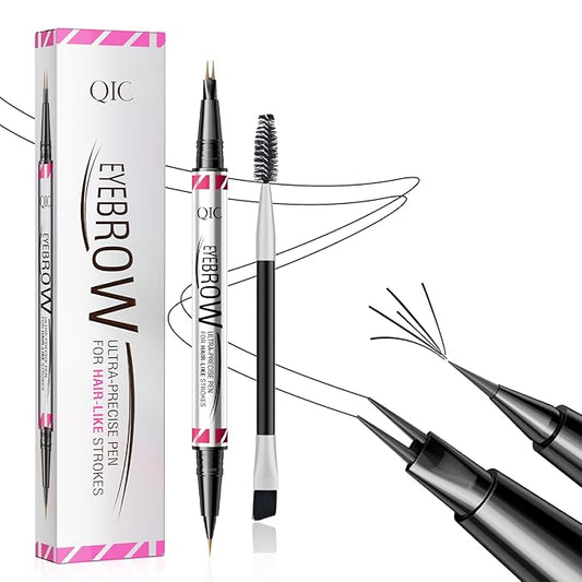Microblading Eyebrow Pen,2-in-1 Dual-Ended Eye Brow Pencil with 2-Fork-Tip and Precise Brush-Tip, Waterproof Long Lasting Eyebrow Pen for Natural Hair-Like Brows(Black)