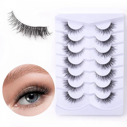 Fake Eyelashes 8mm Wispy Natural Lashes Fluffy Clear Band Cat Eye False Eyelashes Short - 7 Pairs, ZT95