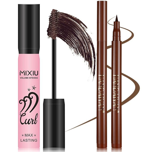 Mascara Eyelashes & Liquid Eyeliner Pencil Set, Lash Extensions Mascara Volume and Length Waterproof, Long-Lasting Smudge-Proof Makeup Set for Women #Brown