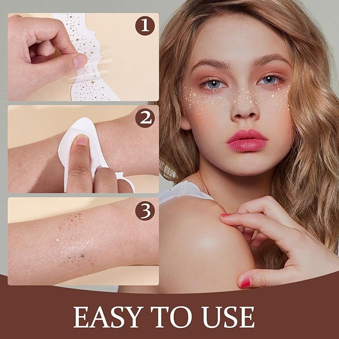 NICENEEDED 12 Pcs Glitter Freckles Face Tattoo, Gold Glow Up Makeup Patches, Faux Freckles Cosmetic Glitter for Face Glitter Speckles Patch Cute Glitter Makeup Accessories for Women
