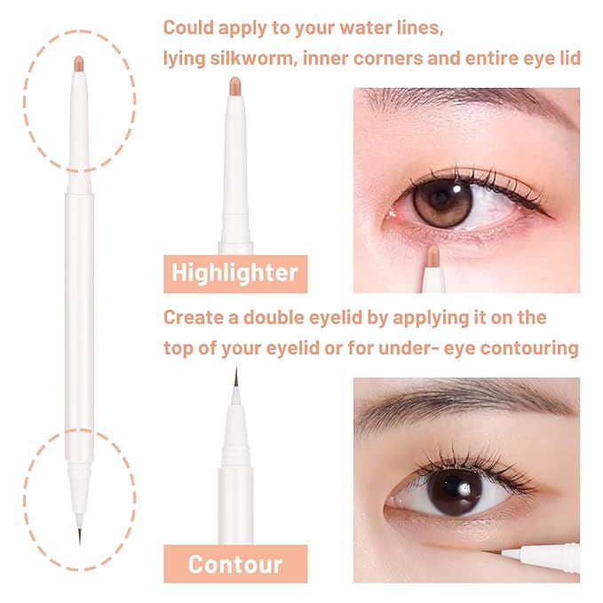 3PC Dual Ended Highlighter Makeup Pen, Glitter & Matte Nude EyeLiner & Eyeshadow, Contour liquid Liner 2 in 1 Eye Brightener Stick, Mulit-Funtional Long Lasting Lying Silkworm Pencil ( #01, #03, #04 )