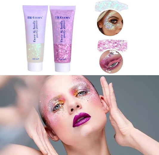 Body Glitter Gel, JetlagClock - Face Glitter Body Gel, Singer Concerts Music Festival Rave Accessories for Face Eye Lip Hair, Mermaid Face Glitter Gel, Festival Glitter Makeup (White+Pink) 100ml