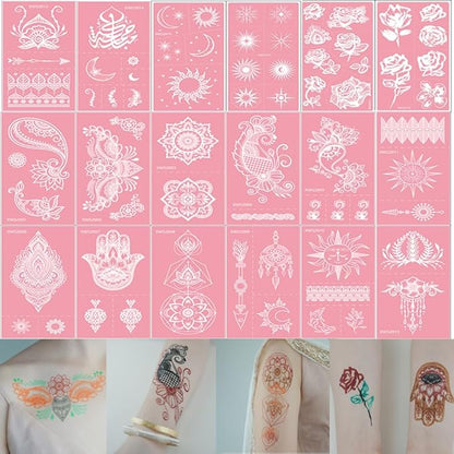 XMASIR Tattoo Kit, Temporary Tattoos Stencils 18 Sheets Pink Henna Tattoo Templates Flower Sun Moon Indian Arabian Face Body Paint DIY for Girls Women (Pink)