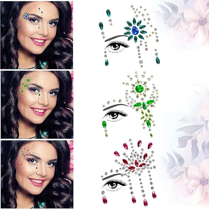 6PCS Gems Glitters for Festivals, Self Adhesive Glitters Acrylic Face Stickers Face Crystal Jewels Rhinestone Stickers for Music Festival Party Birthday Carnival