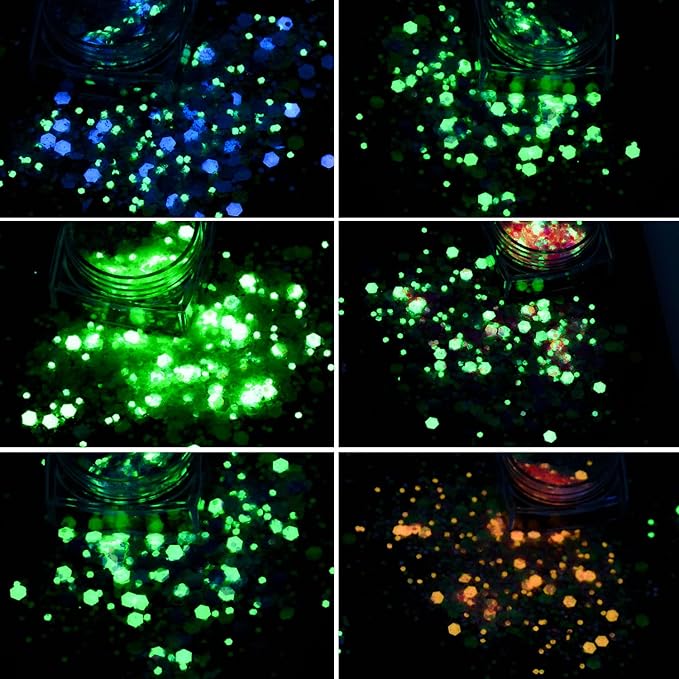 Glow in The Dark Chunky Glitter 12 Boxes Luminous Iridescent Glitter Tiffany Rose Yellow Flakes for Face Eyes Body Hair DIY Nail Art Decals (A)