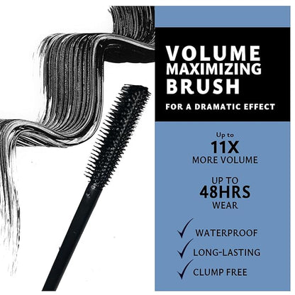 Ultra Voluminizing Intense Effect, Black Mascara for Extra-Volume, Waterproof & Long Lasting Formula, Clump Resistant Wand, 11X More Volume, Up to 48 Hrs Long Wear, Paraben Free. 1 Count