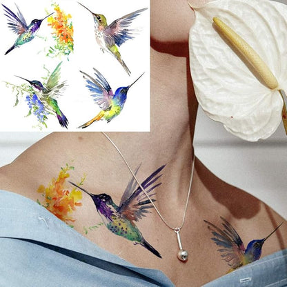 15 Sheets FANRUI 3D Watercolor Hummingbird Temporary Tattoos For Women Girl Small Multicolor Hummer Birds Tattoo Temporary Colorful Flower Fake Face Tatoo Kids Tiny Hands Waterproof Tatto Adult Tato
