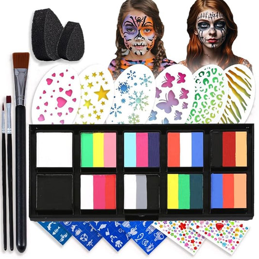 Face Painting Kit - Professional Rainbow Split Cake for Body & Face Makeup, Water Activated, 10 x 10g, with Stickers, Brushes, Sponges, for Halloween, Christmas, Easter, Parties