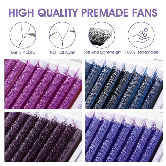 YY Eyelash Extension 0.07mm C Curl 8-14mm Mixed Tray Lash Supplies Premade Fan Y Shape Volume Lash 12 Rows Premium Faux Mink Lash Extensions (8-14 MIX, Blue+Purple;0.07 C)