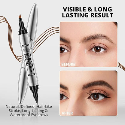 Microblading Eyebrow Pen - Eyebrow Pencil Magical 2-in-1 Dual-Ended Brow Pencils with 4-Fork-Tip & Precise Brush-Tip, Create Natural Hair-Like Brows & Eyeliner for Women, Last All-Day (Dark Brown)