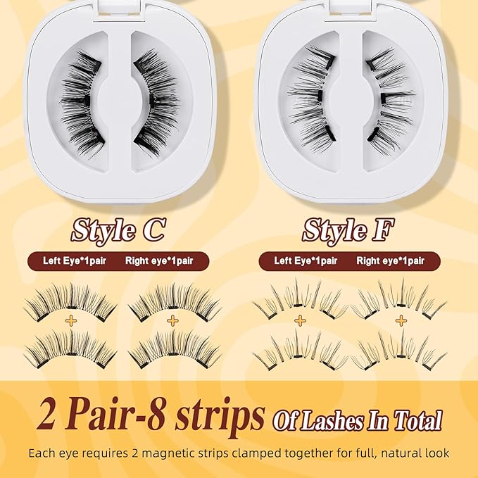 QUEWEL 2 Pairs Magnetic Eyelashes, Reusable No Glue Needed Magnetic Eyelashes Kit with Applicator Lash Clusters Kit without Eyeliner Easy to Wear and Remove (G-YC-C+F01)
